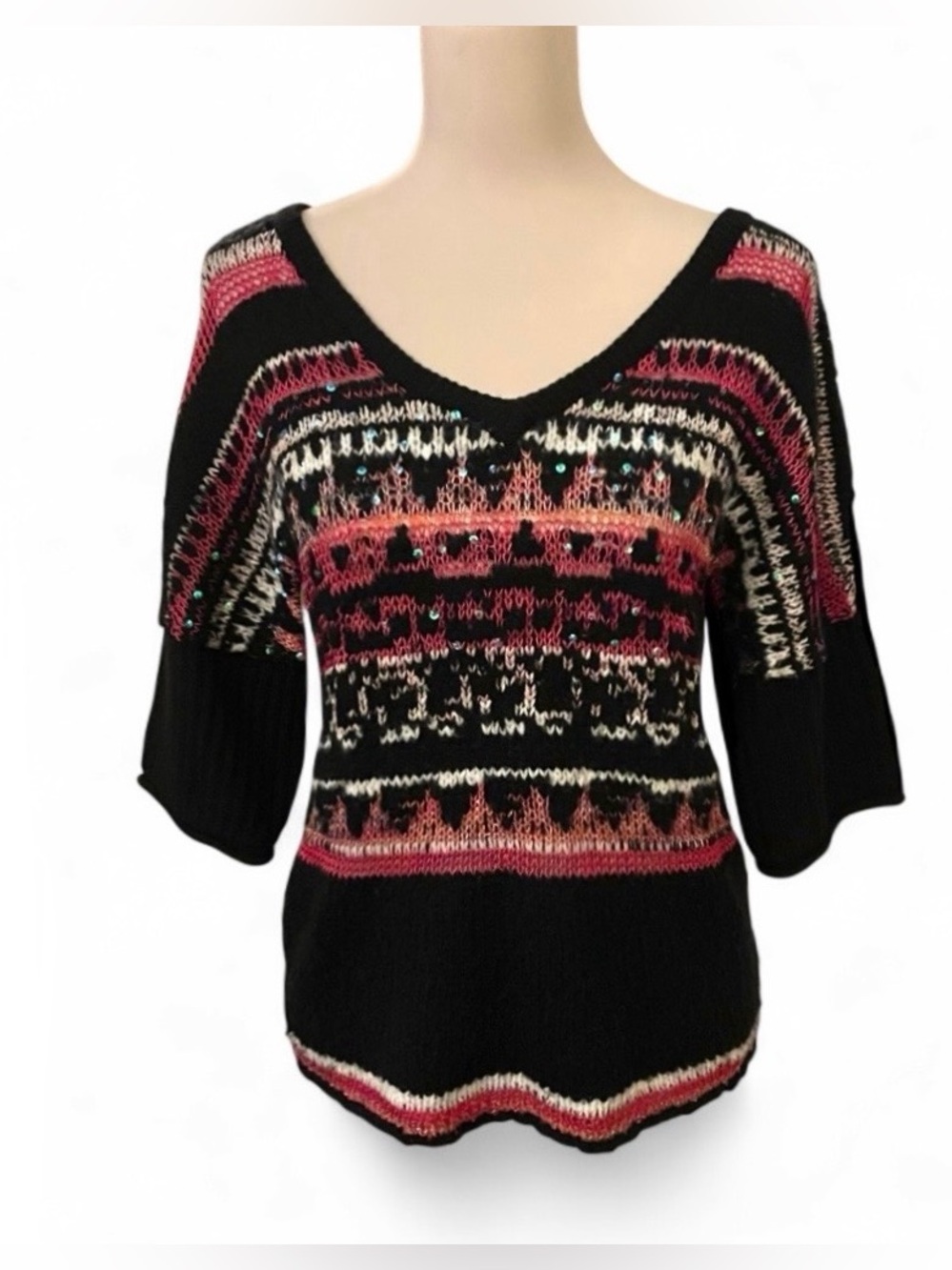 Free People Fair Isle Sequin Knit Top Short Sleeve Angora Wool Blend Small